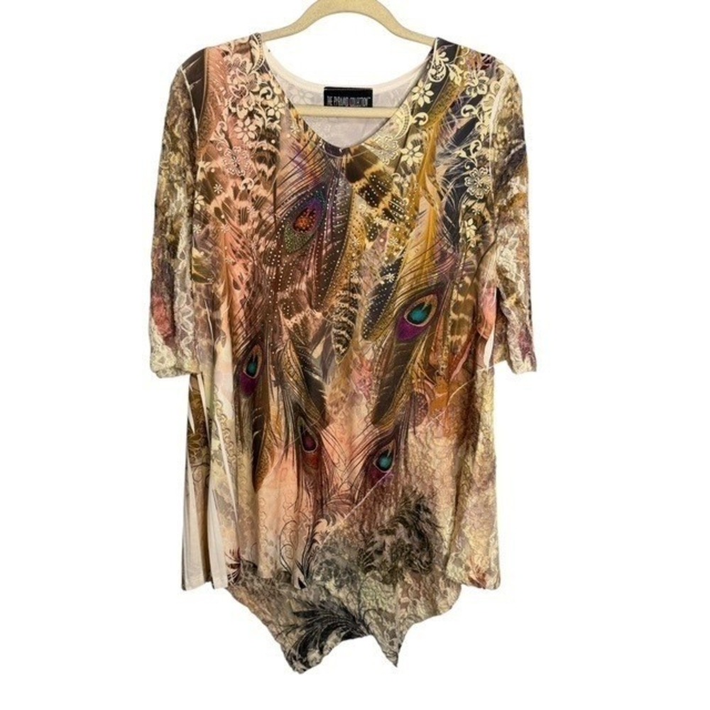 The Pyramid Collection Womens Peacock Print Rhinestone Lace Tunic Top Size Large
